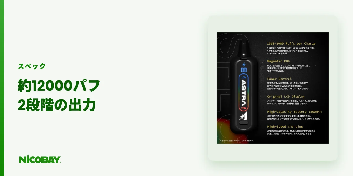 ASTRΛ（アストラ）のデバイススペック（約12000パフ・1500mAh・2段階出力）を解説する見出し画像