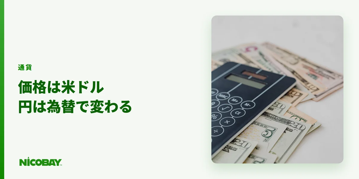 NICOBAYの価格が米ドル建てで日本円の請求額は為替で変わることを示す見出し画像